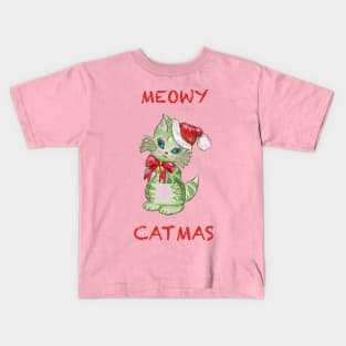 Meowy Catmas stripped tabby cat with santa hat Kids T-Shirt